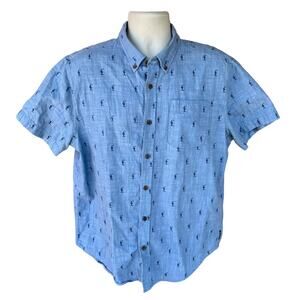 Prana Button Front Short Sleeve Denim Chambray Cacti Print Collared Shirt Mens L